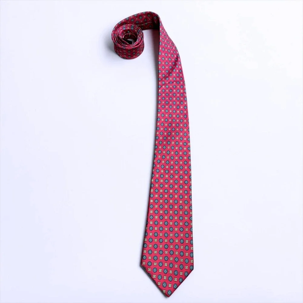 Claybrooke Mens Silk Necktie Red Teal Gold Medallion Geometric‎ Hand Made Tie